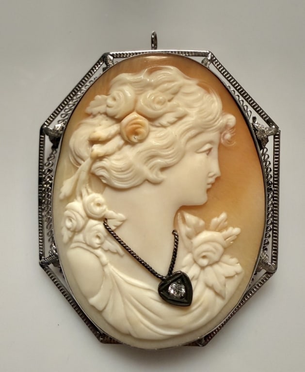 14K White Gold And Diamond Cameo Brooch Pin: Approx. dimensions 2" x 1 1/2". Marked 14K. Approx. gross weight 13.9 grams. STERLING ASSOCIATES STRIVES TO PROVIDE ACCURATE, OBJECTIVE, & FAIR INFORMATION ONALL LOTS. WE WILL BE HAPPY TO ANSWER ANY Q