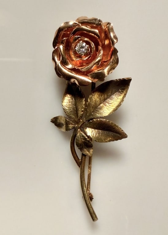 14K Gold And Diamond Flower Form Brooch Pin (1 of 4)