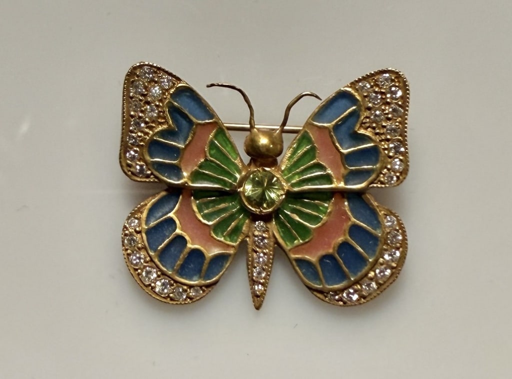 8K Gold, Diamond Plique-a-Jour Brooch Pin (1 of 3)