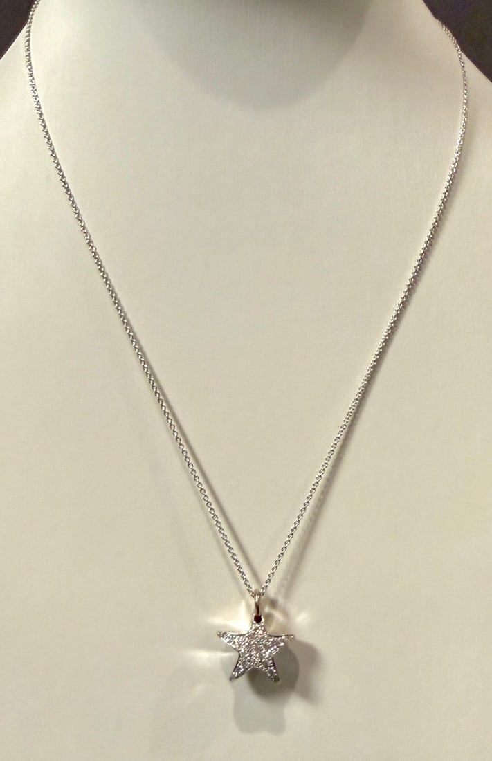 18K White Gold And Diamond Star Pendant On Chain: Approx. dimensions chain 16". Pendant 5/8" x 5/8". Marked 18K. Approx. gross weight 7.1 grams.STERLING ASSOCIATES STRIVES TO PROVIDE ACCURATE, OBJECTIVE, & FAIR INFORMATION ON ALL LOTS. WE WILL BE HAP