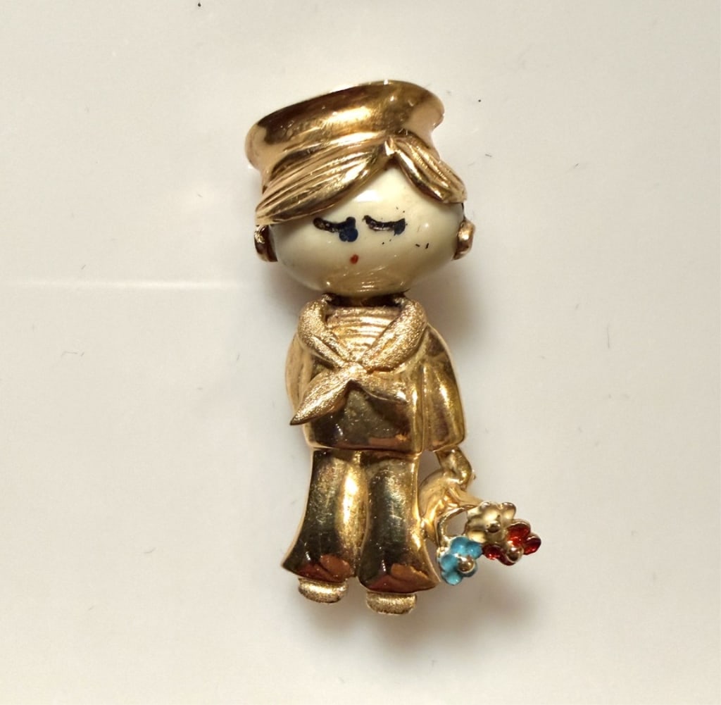 14K Gold, Enamel And Stone Figural Brooch Pin: Approx. dimensions 1 1/2" x 7/8". Marked 14K and LJ. Approx. gross weight 8.3 grams. STERLING ASSOCIATES STRIVES TO PROVIDEACCURATE, OBJECTIVE, & FAIR INFORMATION ON ALL LOTS. WE WILL BE HAPPY TO ANSW