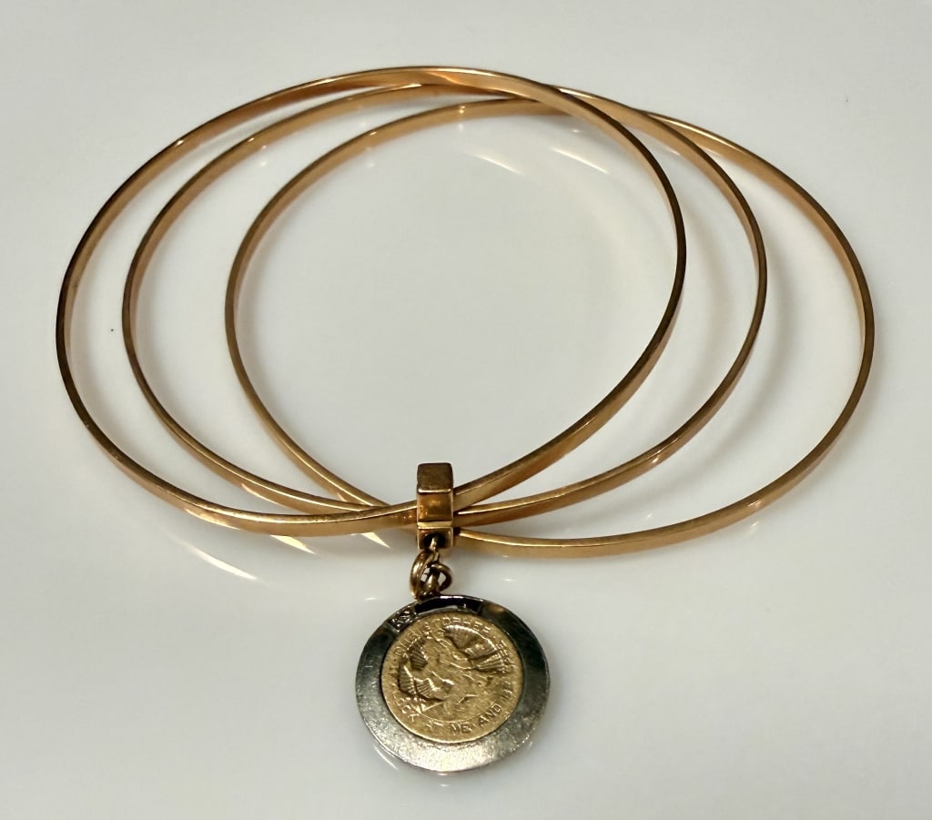 18K Gold bangle Bracelets With14K Gold Slide Charm (1 of 4)