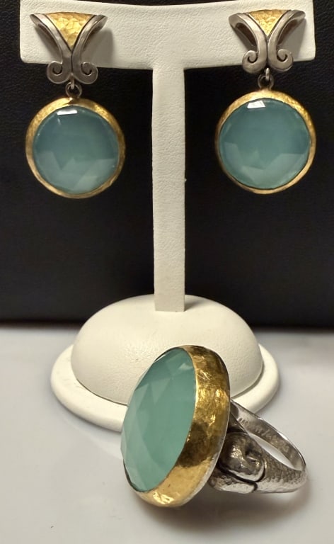 Gurhan Sterling And 22K Gold Chalcedony Ring And: Earrings Ring size 6 3/4. Approx. dimensions 1 1/2" x 7/8". marked 925 with makers mark and serial number.Approx. gross weight 38.7 grams. STERLING ASSOCIATES STRIVES TO PROVIDE ACCURATE, OBJECTIVE, &