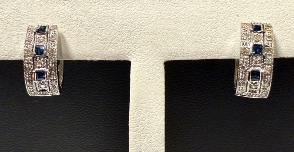 14K White Gold, Diamond And Sapphire Earrings: Huggie lever back. Approx. dimensions 1/2" x 1/2". Marked 14K. Approx. gross weight 4.1 grams.STERLING ASSOCIATES STRIVES TO PROVIDE ACCURATE, OBJECTIVE, & FAIR INFORMATION ON ALL LOTS. WE WILL BE HAP