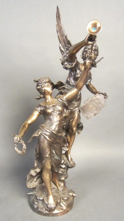 Moreau French Spelter Sculpture, 19th C: Moreau brothers in partnership: Louis Auguste Moreau, French (1855-1919) & Hippolyte Francois Moreau, French (1857-1930). Patinated spelter figural sculpture. Signed: L & F Moreau. Paris foundary mark