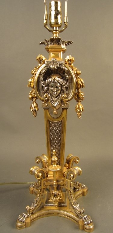 Silver & Dore over Bronze Garniture as Lamp: Single silver and dore over bronze garniture as lamp. French 19th Century. Height: 23 1/2", Width: 9"