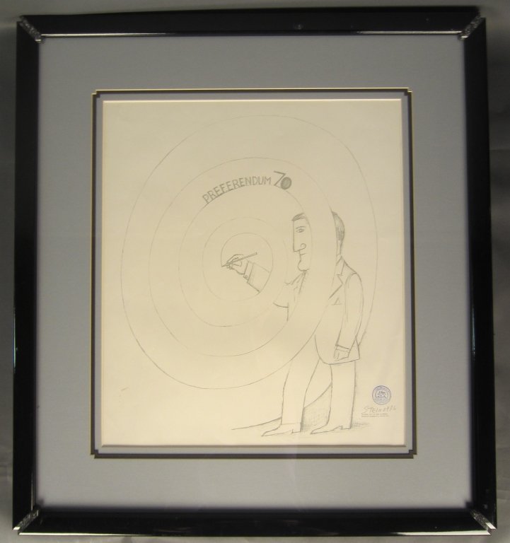 Saul Steinberg, American (1914 – 1999): Saul Steinberg, American (1914 – 1999) "Preferendum 70" with stamped seal, copyright 1970 Image Size: Height: 23 1/2", Width: 20 1/4"
