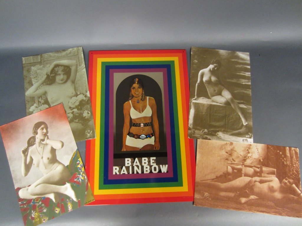 Peter Blake, British (1932- ): Peter Blake, British (1932- ) Print on metal titled: Rainbow Babe. Signed, numbered: 77/100, and dated 1969. Printed text on reverse side. Height: 26", Width: 17 1/2". Accompanied with 4 unframed sign