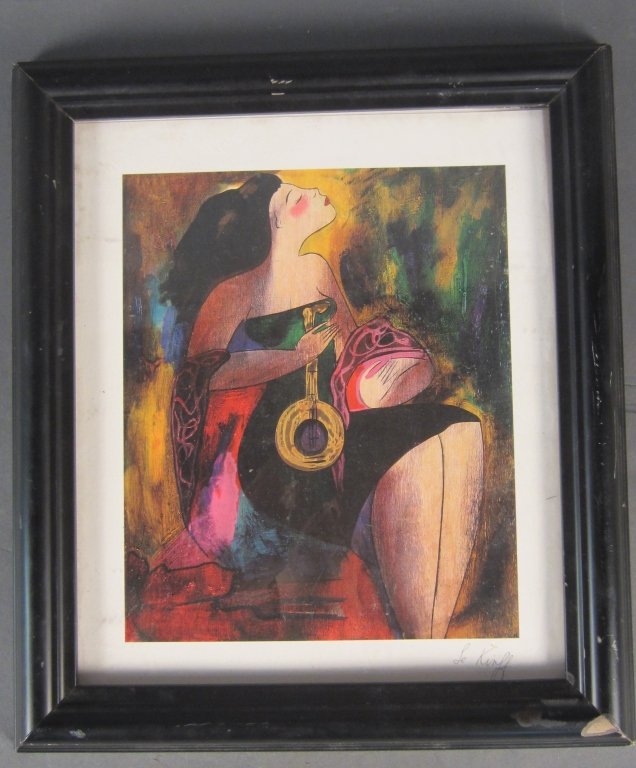 Linda LeKinff, French/Brazilian (1949- ): Linda LeKinff, French/Brazilian (1949- ) Lithograph of woman with banjo, signed: Le Kinff. accompanied with a certificate of authenticity Image Size: Height: 8 1/2", Width: 7"