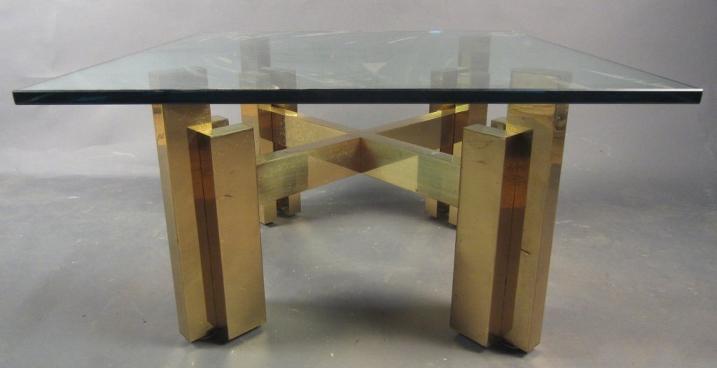 Modern Brass Coffee Table w/ Glass Top: Modern brass coffee table with glass top Height:: 18 1/2", Width: 32"