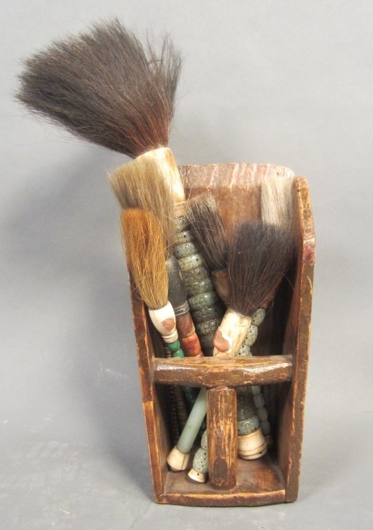 8 Chinese Calligraphy Brushes w/ Wood Holder: Antique Chinese calligraphy brushes, 19th Century. Various hard stone and jade. Longest brush: 18", Shortest brush: 9"