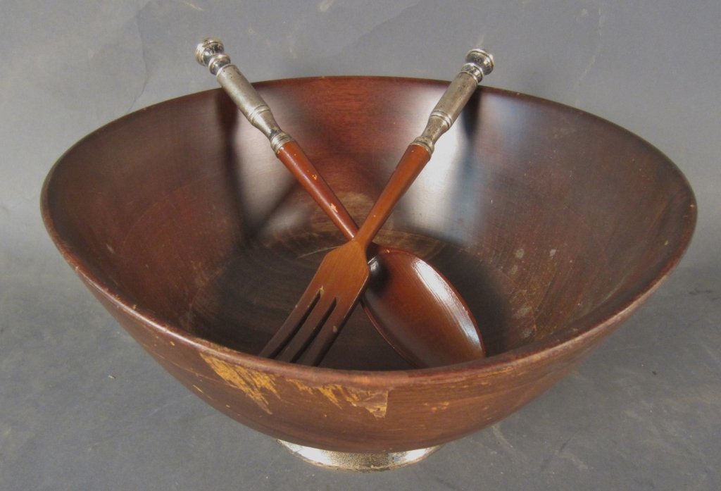Mahogany and Sterling Salad Bowl & Serving Utensil: Hand turned mahogany and sterling silver salad bowl, serving fork and spoon. Sterling marked: Sterling. Wood marked: Italy Height of bowl: 6 1/2", Width: 11"