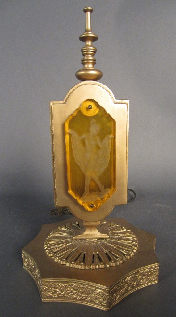 Antique Art Deco Lamp: Art Deco lamp with dancing nude detail, circa 1920. Height: 15", Width: 8 1/2"