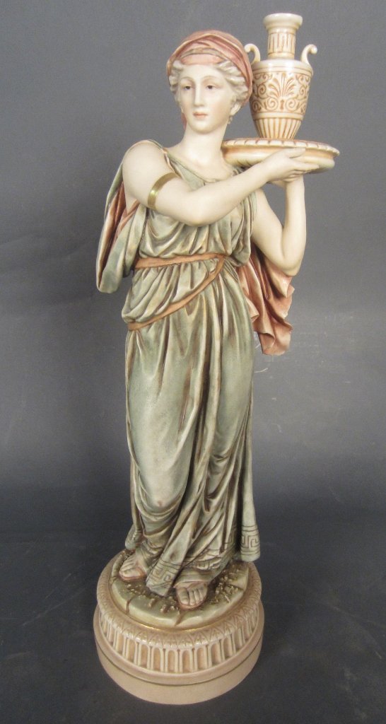 Royal Dux Figure: Royal Dux porcelain, Urn Carrier. Maker's mark on bottom Height: 18",Width: 5"