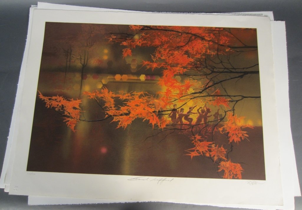 Robert "Bob" M. Peak, American (1927 – 1992): Robert "Bob" M. Peak, American (1927 – 1992) Unframed 16 color lithograph of autumn leaves and children. Signed by the artist: Robert Peak, numbered: 135/300 and signed by Frank Gifford. Lithographi