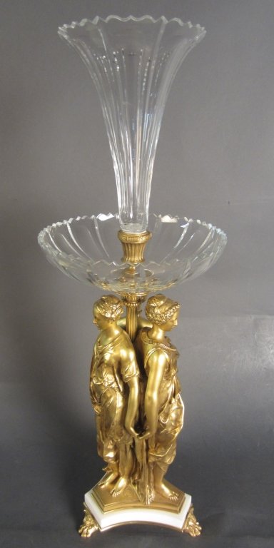 Dore over Bronze Center Piece: The Three Graces. Dore over bronze figural center piece epergene on marble base. Baccarat crystal. Coin seal and signed: Barbedienne Foundry Height: 29", Width: 10"