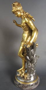 Auguste Moreau, French (1834 - 1917): Auguste Moreau, French (1834 - 1917) Dore and silver over bronze figural sculpture on marble base. Signed: Aug. Moreau. French 19th Century Height: 26", Width: 12"