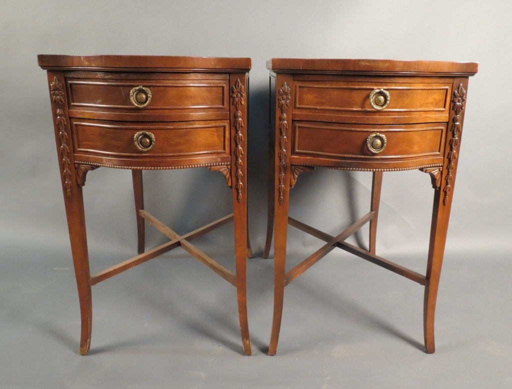 Pair Sheraton Style End Tables: From the Estate of John McDonald Pair Sheraton of wood end tables with glass insert tops, some old repairs Height: 27", Width: 16"
