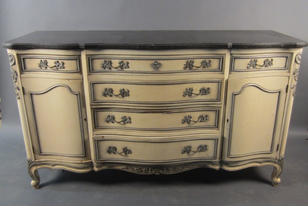 Hand Painted French Provincial Marble Top Buffet: Hand painted French provincial marble top buffet, possibly John Stuart Inc. Height: 37 1/2", Width: 66 1/2"