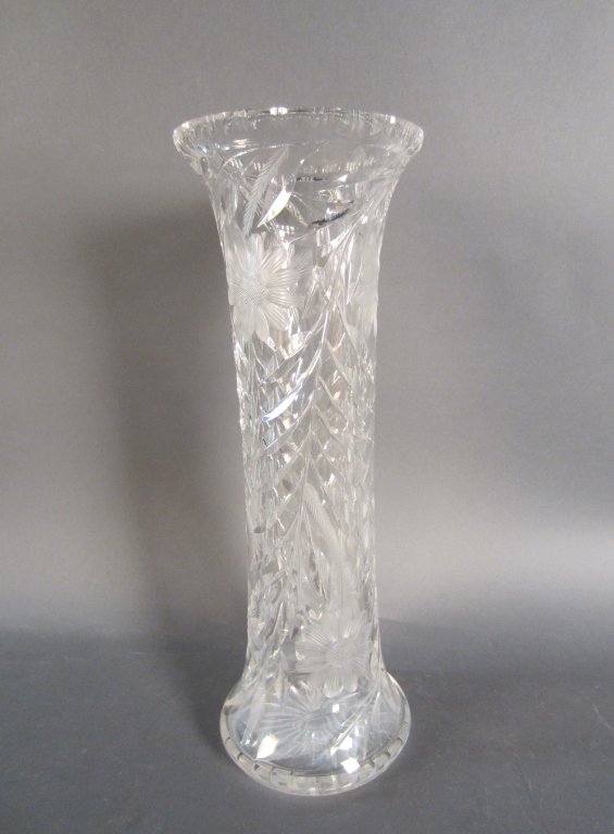 Large Cut Crystal Vase: From the estate of John McDonald Cut crystal vase with floral elements. Height: 19 3/4", Width: 7"