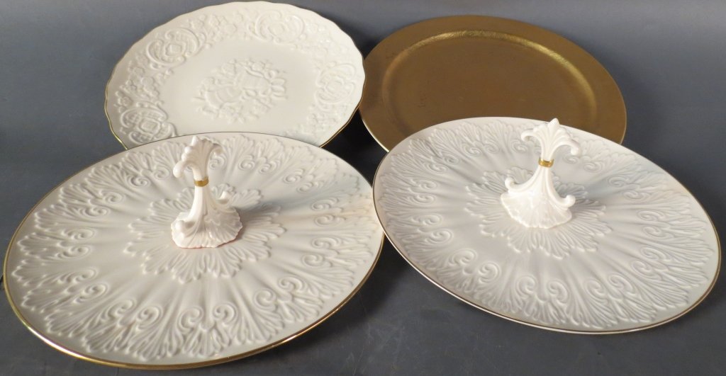 Collection of Lenox: From the estate of John McDonald 2 cake platters, wedding platter, gold platter Height: 7", Width: 11"