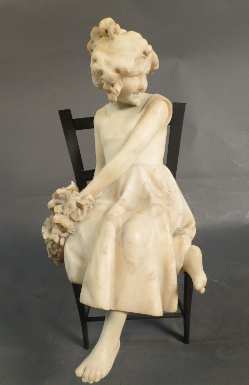 Alabaster Figural Sculpture: Alabaster sculpture of girl on bronze & alabaster chair Height: 21", Width: 9 1/2"