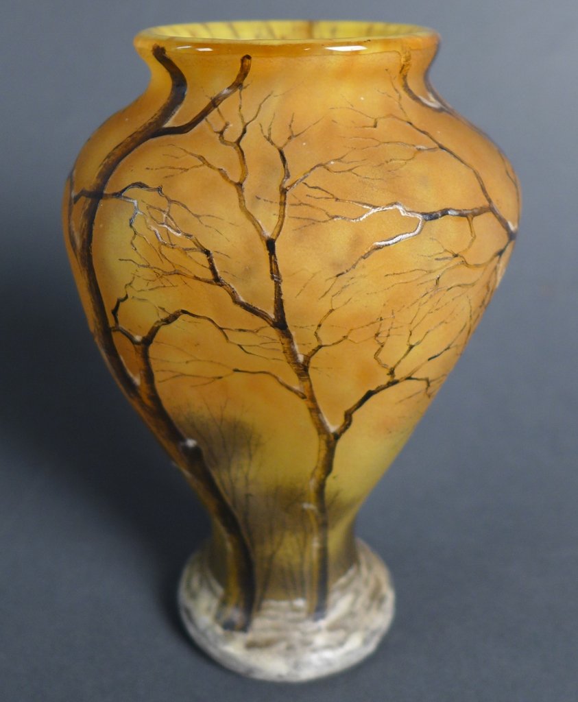 Fine Daum Nancy Acid Cut Back & Enameled Vase: Fine Daum Nancy acid cut back & enameled vase "Winter Snow Scene". Unusual 4 sided "pinched" shaped. Signed: Daum Nancy with cross of Lorraine on bottom. Height: 5 1/4", Width: 3 1/4"