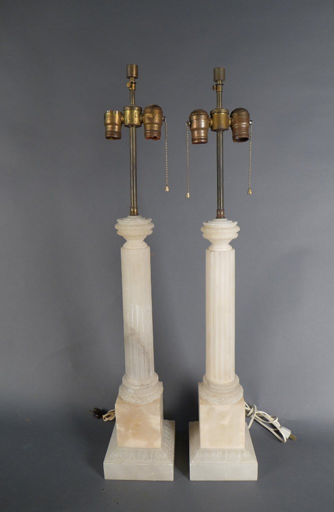 Pair of Alabaster Lamps: Pair of alabaster lamps in form of Grecian columns. Circa: 1910 Height: 33", Width: 6"