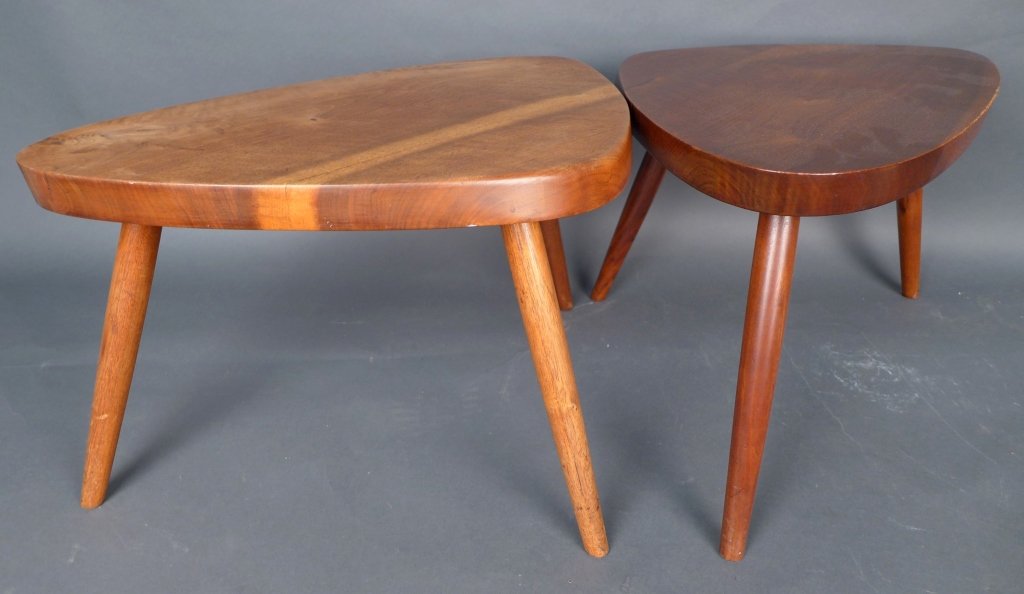 Pair Nakashima Paddle Form Tables: Pair of George Nakashima paddle form tables. Height: 12 1/2", Width: 12"
