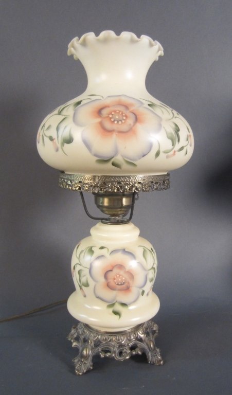 Victorian Milk Glass Parlor Lamp: From the estate of John McDonald Victorian hand painted milk glass parlor lamp/ gone with the wind lamp, converted to electric. Height: 20 1/2", Width: 9 1/2"