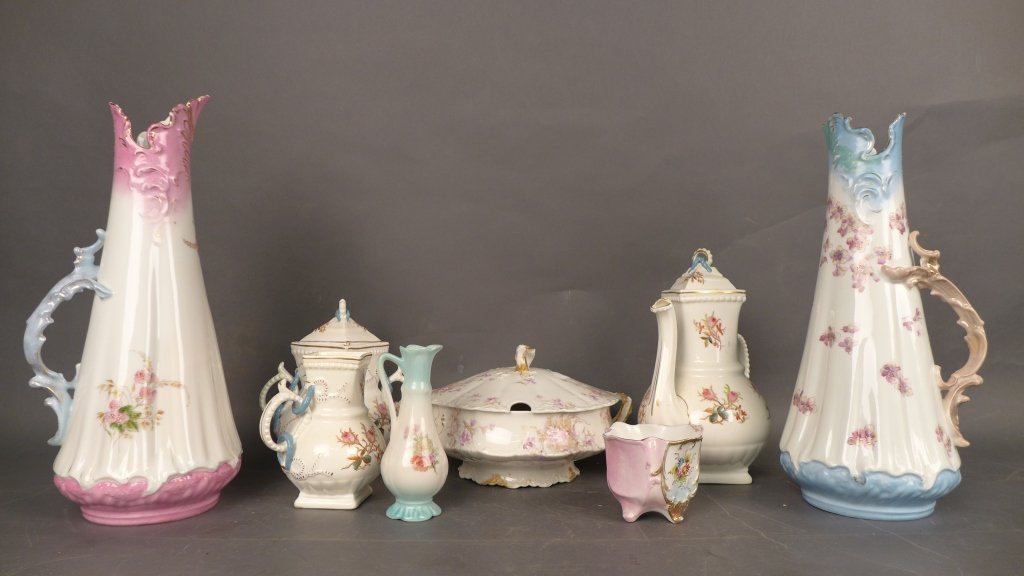 Collection of Antique Porcelain: From the Estate of John McDonald Collection of antique porcelain. Some if the porcelain includes Limoges, France. Old repairs to tall pitchers Height of Tallest Pitcher: 16", Width: 6"
