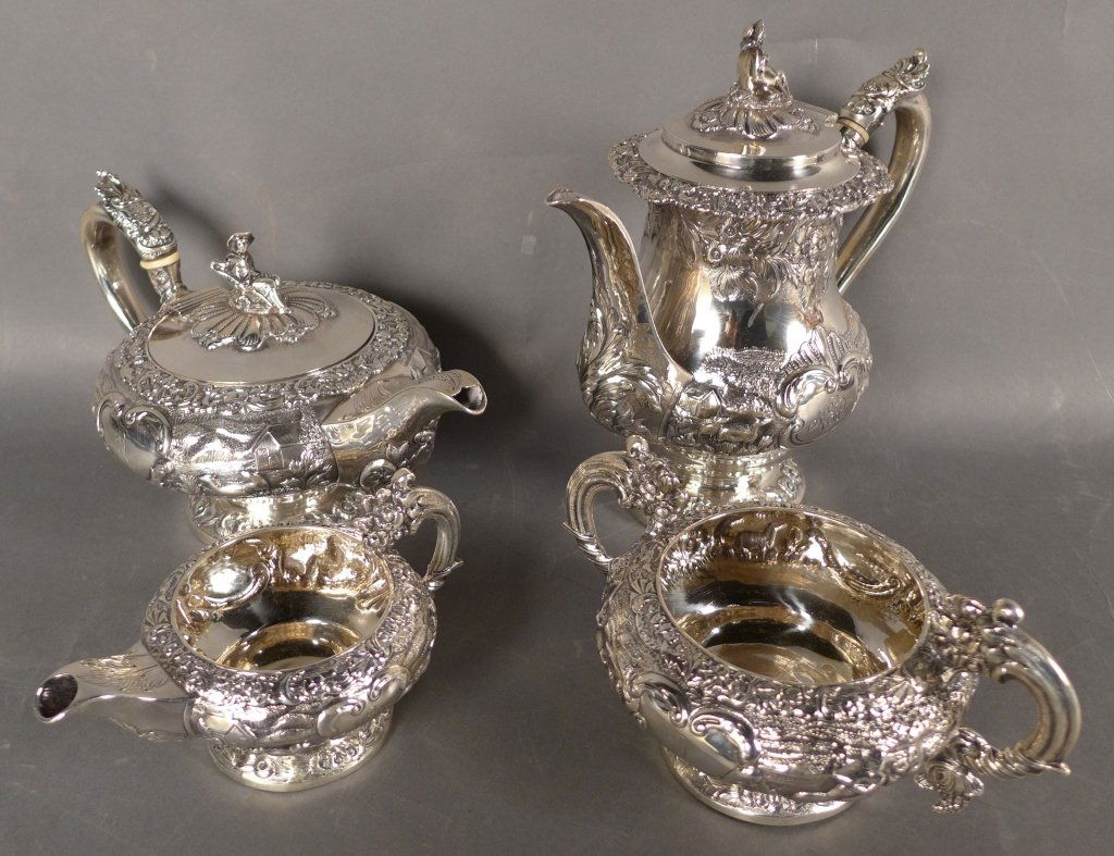 4 Piece Sterling Silver Coffee Service: John Henry Charles Lios London 1825 4 piece coffee service. Hallmarks on bottom. Height of largest item: 10", Width: 9 1/2"