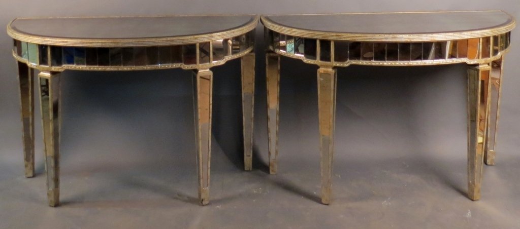 Pair Vintage Mirrored Consoles: Pair mirrored console tables, some small chips/ cracks Height: 30 1/2", Width: 46 1/4"