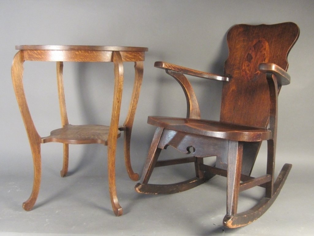 Oak Rocking Chair & Table: Oak rocking chair with inlay design and table, Victorian 19th Century Height of chair: 35", Width: 24 1/4", Height of table: 29", Width: 26 1/2"