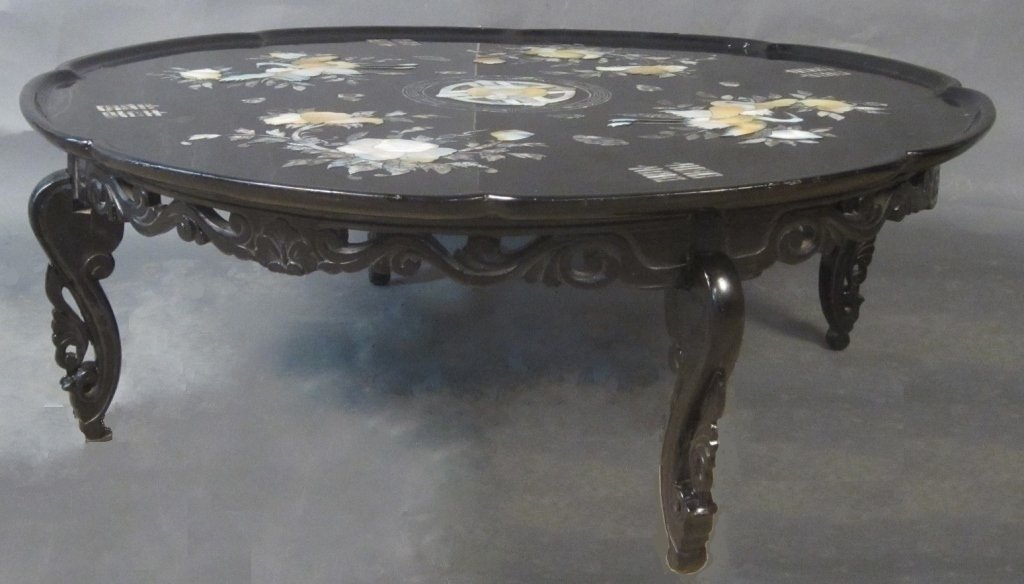 Low Coffee Table w/ Mother of Pearl Inlay: Black lacquered coffee table with mother of pearl inlay. Height: 13", Width: 36"