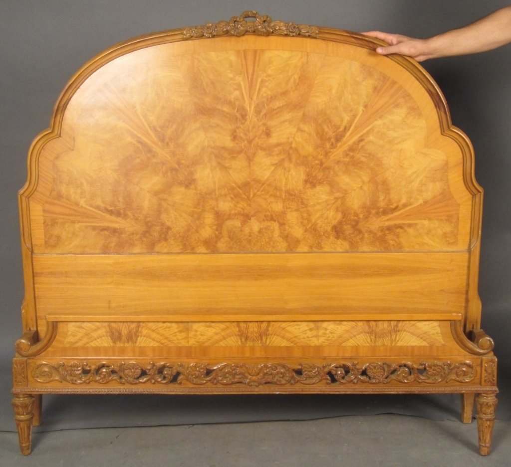 Bleached Figured Mahogany Head & Foot Board: Double bed, bleached figured mahogany head and footboard, American circa 1920. Height of headboard: 51 1/2", Width: 57", Height of footboard: 17 3/4", Width: 57 1/2"