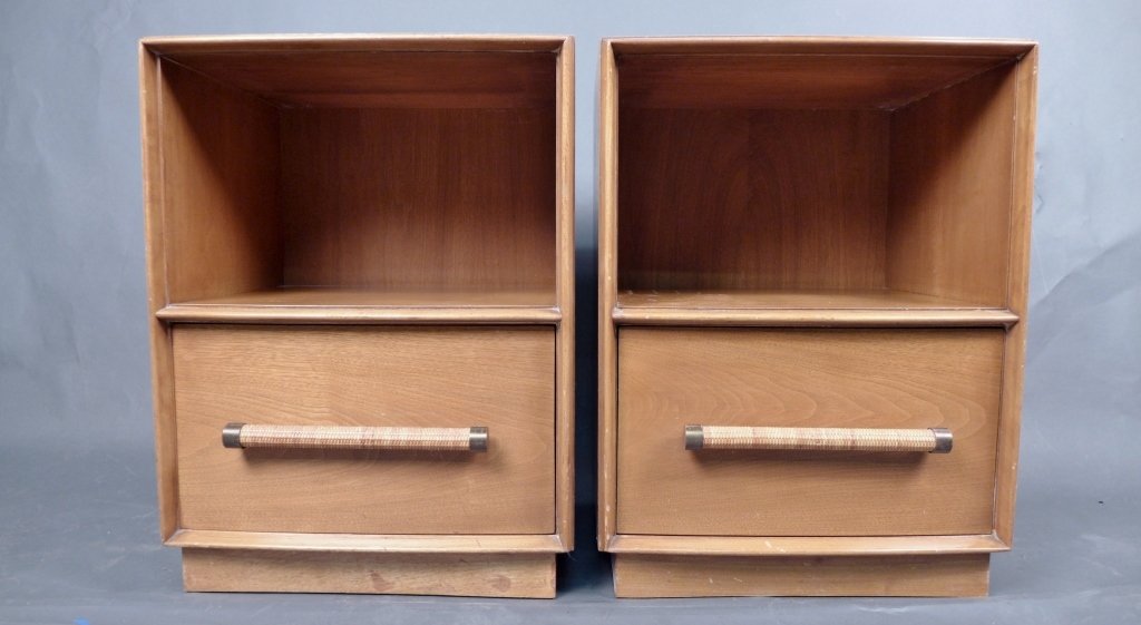 T.H. Robsjohn- Gibbings (1905- 1976): TH Robsjohn- Gibbings (1905- 1976) Pair of Widdicomb nightstands. Walnut, woven cane and brass, with manufacturer's label: Grand Rapids, MI Height: 25 1/2", Width: 19"