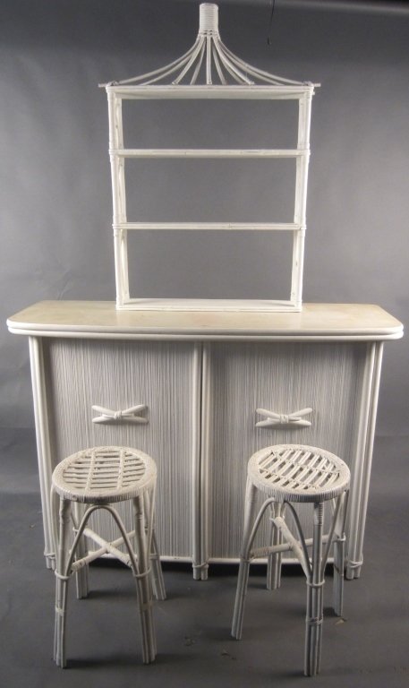 Rattan Bar w/ 2 Bar Stools and Lamp: Rattan bar with accompanying stools and lamp Height: 40 1/2", Width: 53"