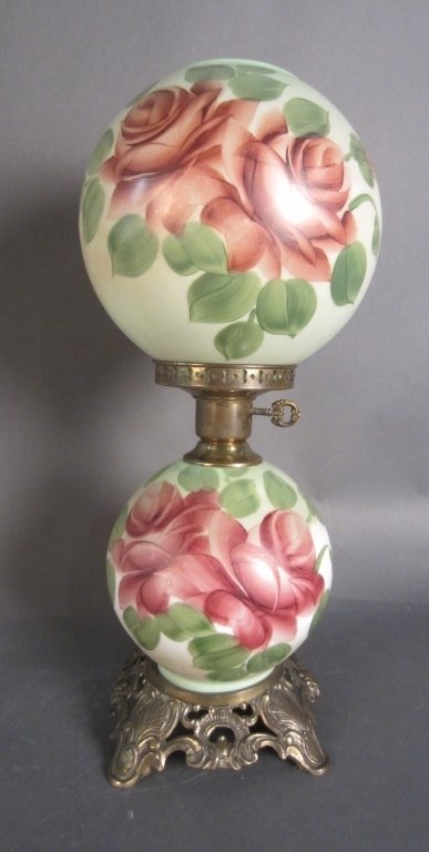 Hand Painted Victorian Lamp: From the estate of John McDonald Hand painted green Victorian parlor/ gone with the wind lamp Height: 20", Width: 8"