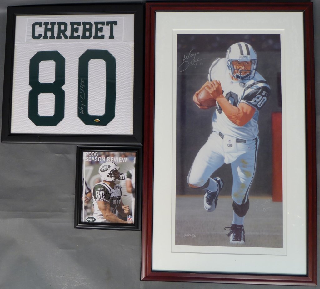 Wayne Chrebet Memorabilia & Autographs: Wayne Chrebet is a former NFL football wide receiver who played 11 seasons for the New York Jets from 1995 to 2005. This collection includes: a framed and signed jersey, a signed and autographed print