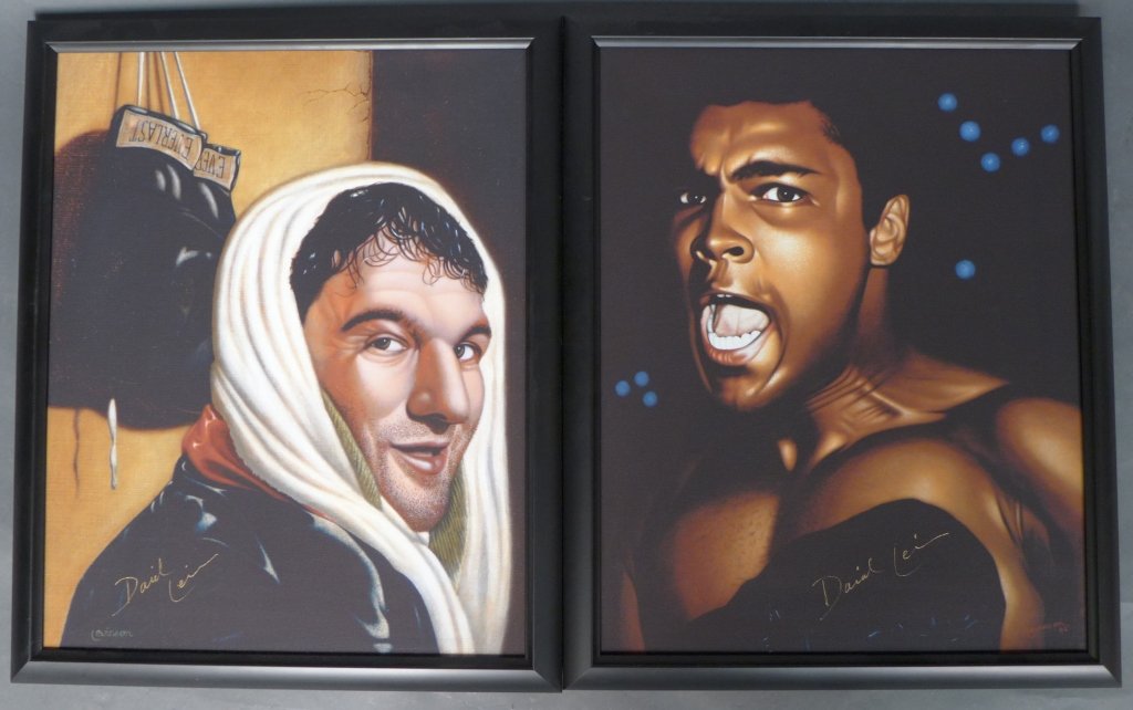 Muhammad Ali and Rocky Marciano Painting: Pair of framed paintings of World Heavyweight Champions Muhammad Ali and Rocky Marciano. The sports artist: David Levinson signed each painting. Height of image: 19 1/2", Width: 15 1/2"