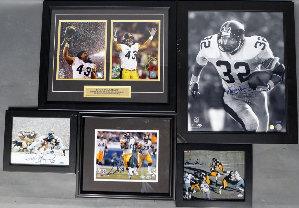 NFL Framed Autographs: Collection of Football framed photographs and autographs. Authographs include: Hall of Famer Franco Harris, Troy Aumua Polamalu, Willie Everette Parker, Jr., and Super Bowl XL champion Jerome Abram Be
