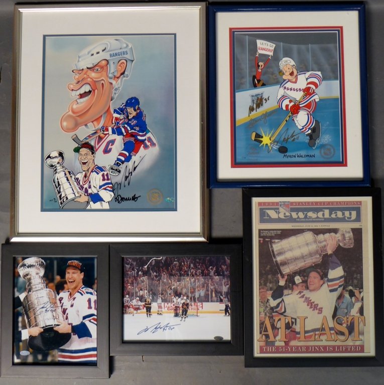 New York Rangers Memorabilia & Autographs: Collection of New York Rangers memorabilia including: framed cartoons, newspaper covers, photographs, and 3 autographs of six time winner of the Stanley Cup, Mark Douglas Messier. The Popeye cartoon i