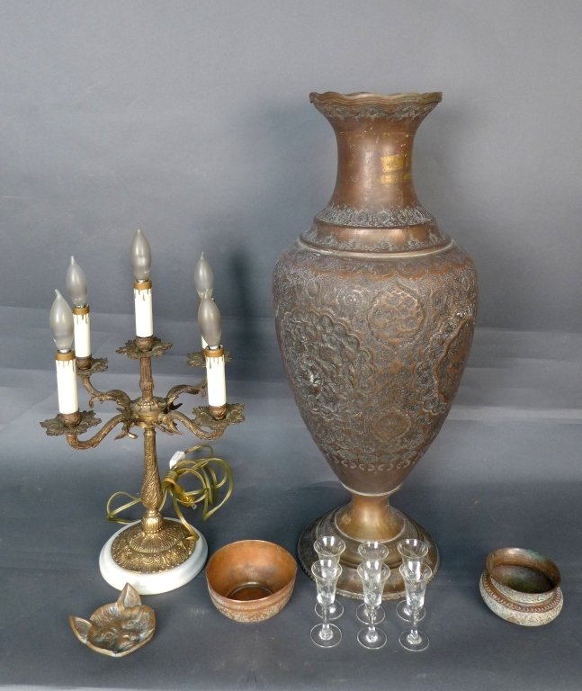 Large Islamic Vase Plus Misc. Items: Large Islamic copper vase along with a collection of miscellaneous items including: a lamp, 6 cordial glasses, and copper items Height of largest item: 27", Width: 11"