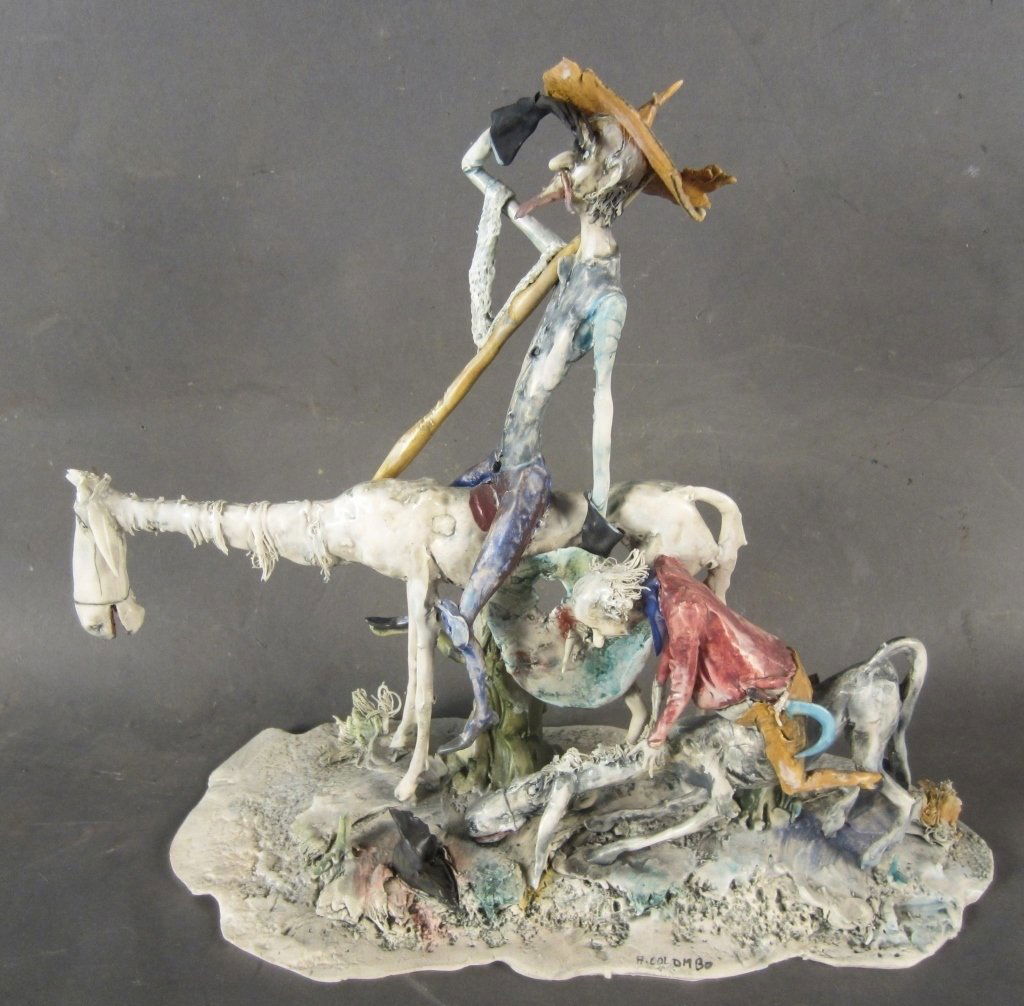 Italian Porcelain Figural Scene: Italian porcelain figural scene of two men on horses. Signed on base: A. Colombo Height: 11", Width: 12"
