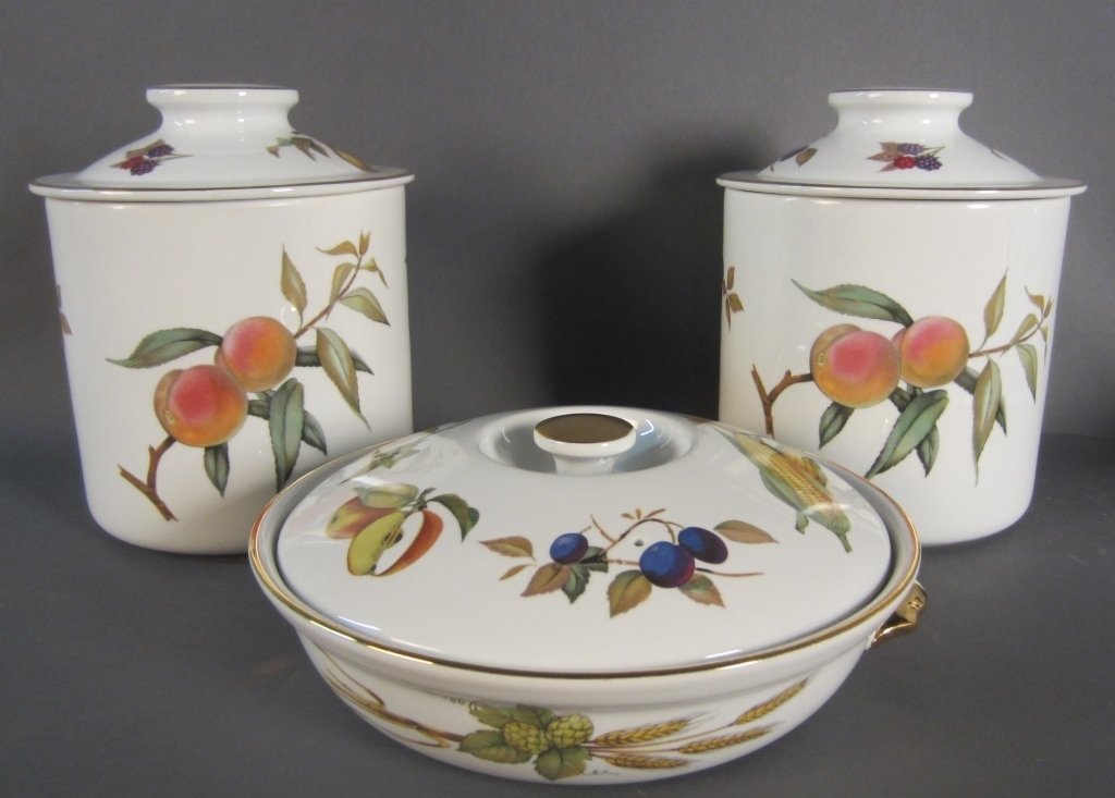 Royal Worcester Covered Vegetable Dish & Jars: From the estate of John McDonald Royal Worcester covered vegetable dish and covered cookie jars. Maker's mark on bottom. Jar Height: 9", Dish Width: 10 1/2"