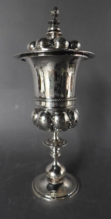 Continental 800 Silver Chalice: 800 Silver Chalice with lid, Continental 19th Century, Hallmarked. Approx weight: 335 grams, Height: 11", Width: 4 1/2"