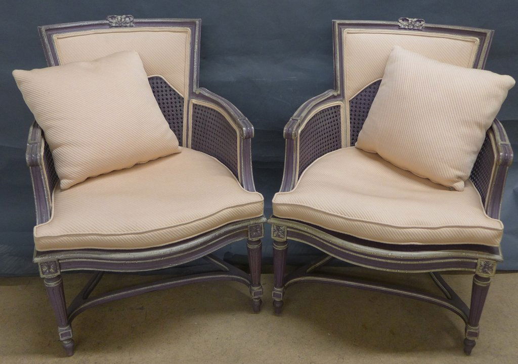 Pair Painted and Caned Arm Chairs: Pair of 2 painted and caned arm chairs. Height: 35", Width: 25 3/4"