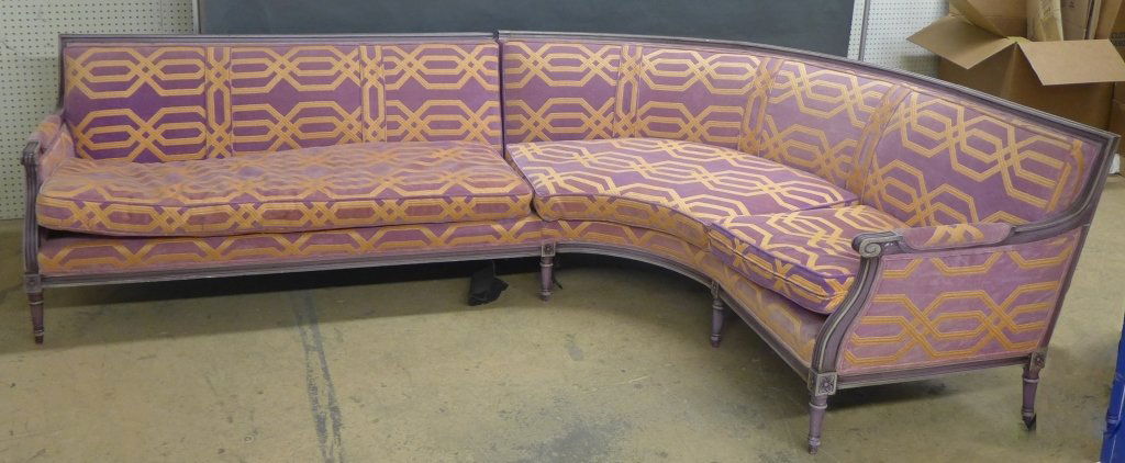 French Curved Sectional Sofa: French curved sectional sofa couch with painted wood trim. Assembles in 2 pieces. Some disrepair to back of couch. Height: 31", Width: 106", Depth: 75"