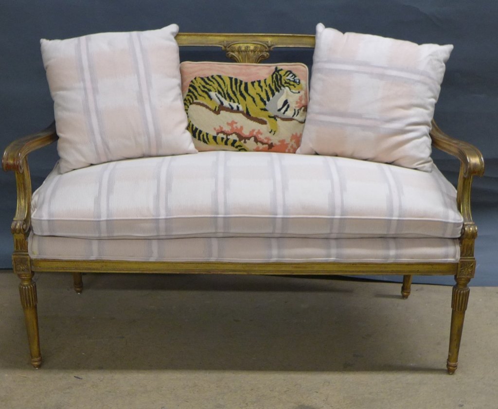 Louis XVI Style Settee: Louis XVI style settee. Gilt wood frame and upholstered seat. Height: 35 1/2", Width: 49 1/2", Depth: 22"
